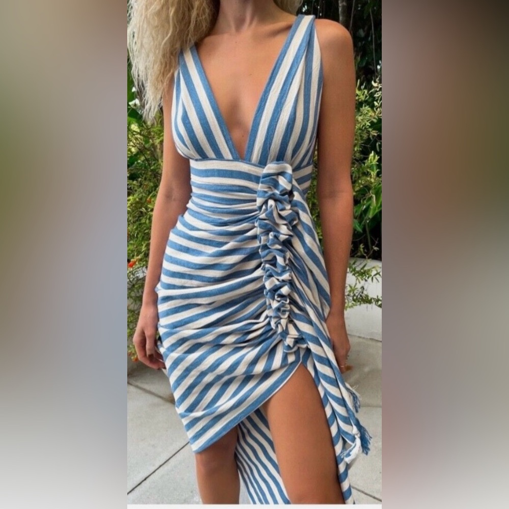 Just Bee Queen Tulum Asymmetrical Blue and White Striped Dress